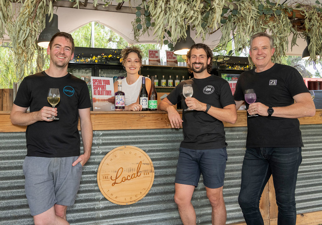 Brand SA Board Members Callum Hann and George Georgiadis with Gluttony Bar Manager Olivia Lilburn and Chris Illman from 23rd Street Distillery.
