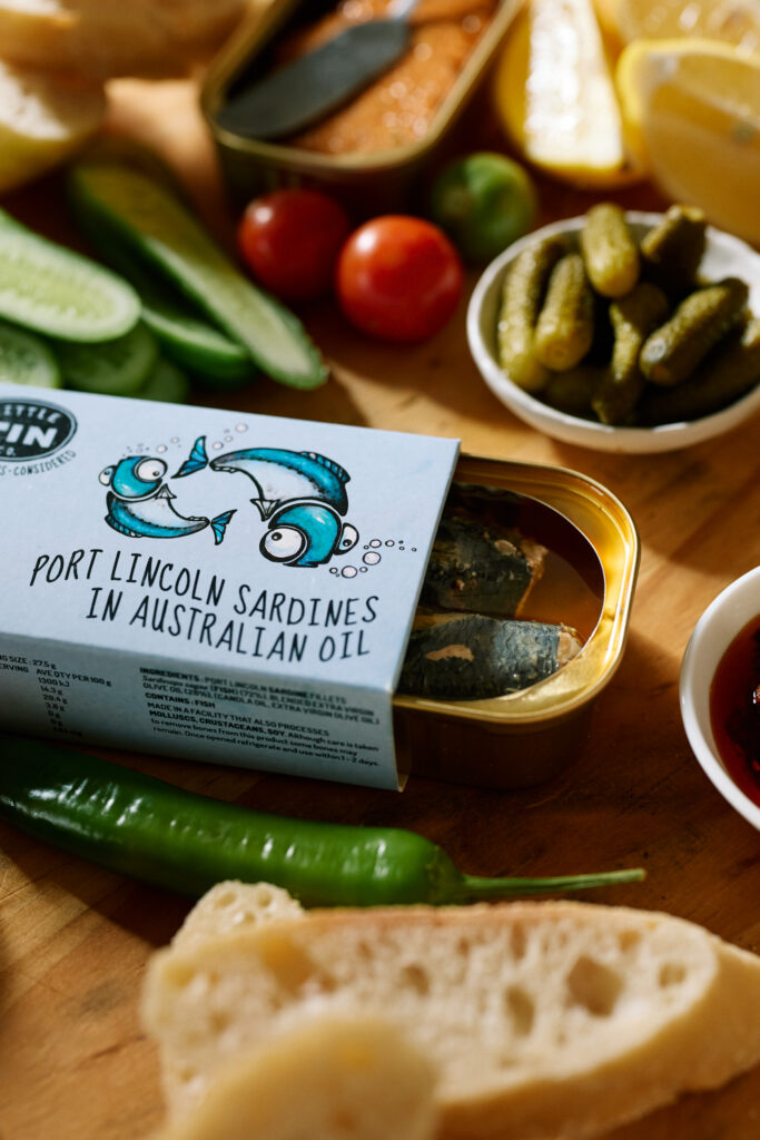 A grazing platter close up, focusing on the Port Lincoln Sardines by Little Tin Co
