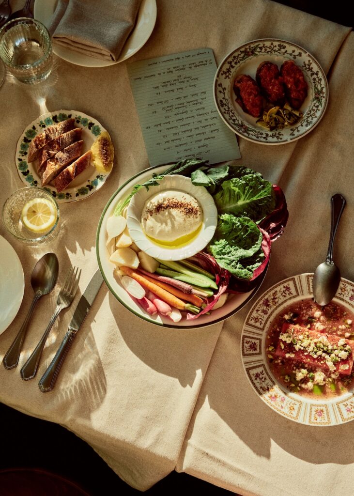 Table setting with food in a restaurant