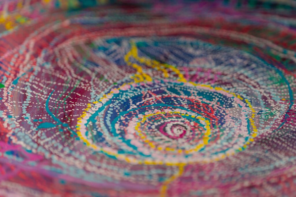 Close up photo of colourful first nations artwork by Lisa Khan